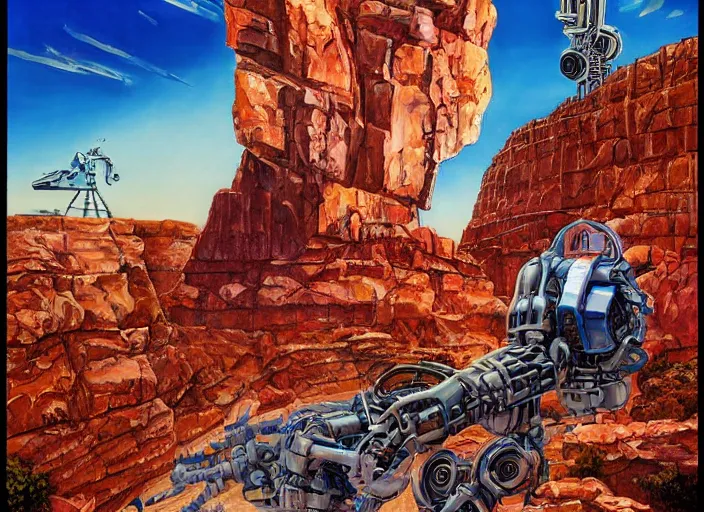 Prompt: realistic physically based rendering of a giant mechanical robot steve buscemi at the grand canyon by jack kirby!!! and simon bisley, epic, awesome trendy color palette, cinematic, claymation, by wes anderson and joop geesink, diorama