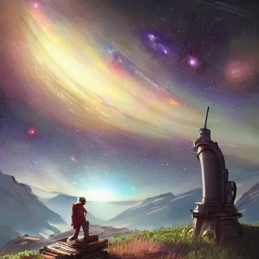 Image similar to modern binocular telescope looking at the galaxy sky, hearthstone coloring style, artwork by greg rutkowski, epic fantasy style art, fantasy epic digital art