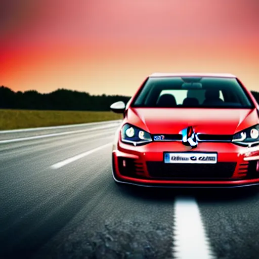 Prompt: a car driving VW Golf GTI at speed on autobahn, sunset, cinematic color, photorealistic, highly detailed, bokeh