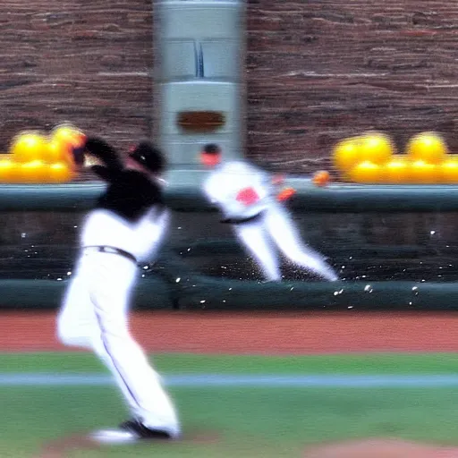 Prompt: high speed photograph of basebal bat hitting an orange, photograph, 1 0 0 0 fps, extremely detailed, photorealistic