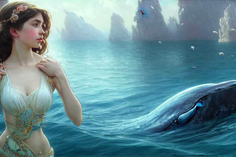 Image similar to painting of a panorama distance view of under the water, wearing beautiful clothes, hyper detailed cg rendering of a cute girl and whale, elegant, highly detailed, digital painting, artstation, concept art, smooth, sharp focus, illustration, art by artgerm and greg rutkowski and alphonse mucha, 8 k