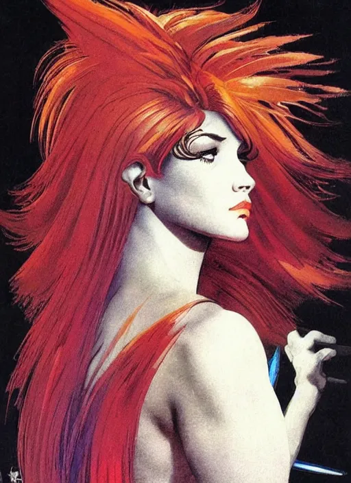 Prompt: portrait of angelic warrior, vibrant hair, strong line, vibrant color, beautiful! coherent! by frank frazetta, high contrast, minimalism