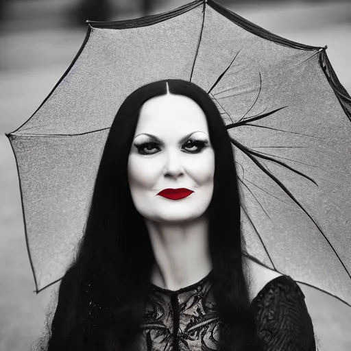 Image similar to morticia addams holding a parasol during a [ humid, rainy day ] as she saunters across the city, closeup!!!, photorealistic facial features, trending on artstation, 4 k photorealism, unsplash, shot by jimmy nelson