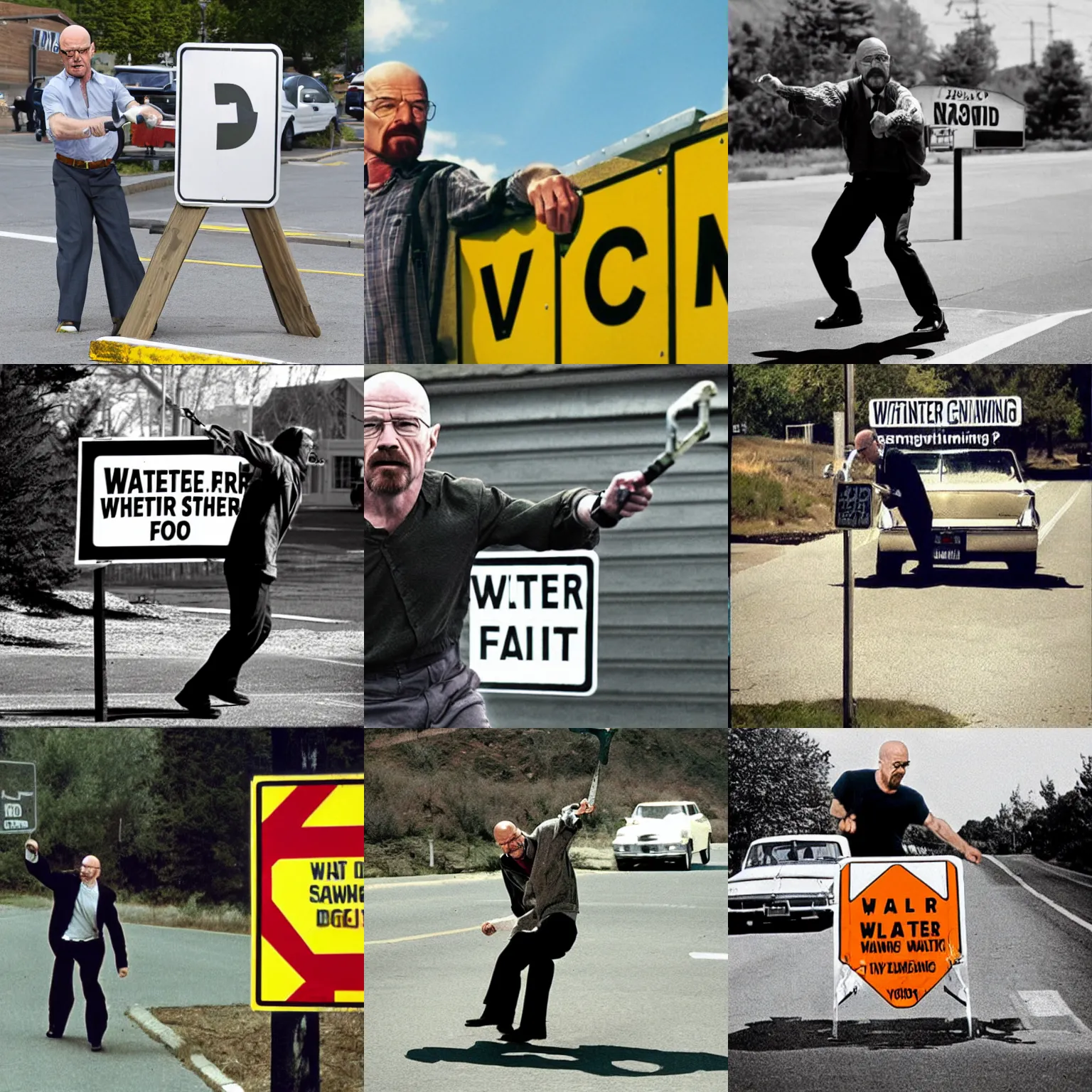 Prompt: walter white swinging a road sign in a fight