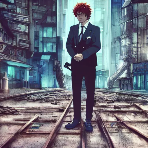 Image similar to ed sheeran as spike spiegel from cowboy bebop, posing like james bond, by ilya kuvshinov, hayao miyazaki, studio ghibli, rob rey, giuseppe dangelico pino, cinematic, lois van baarle, 4 k, realistic, wide angle lens. 8 k, hyperdetailed, precise, low - lighting, stark colours