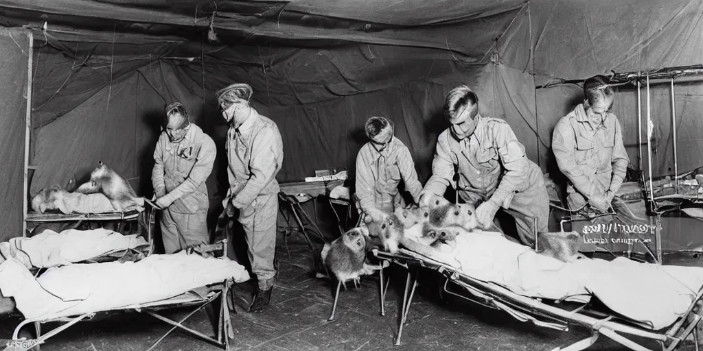 Prompt: photograph in a ww 2 field hospital, hamsters on stretchers, hamster medics caring for injured hamsters, no humans in the image, detailed