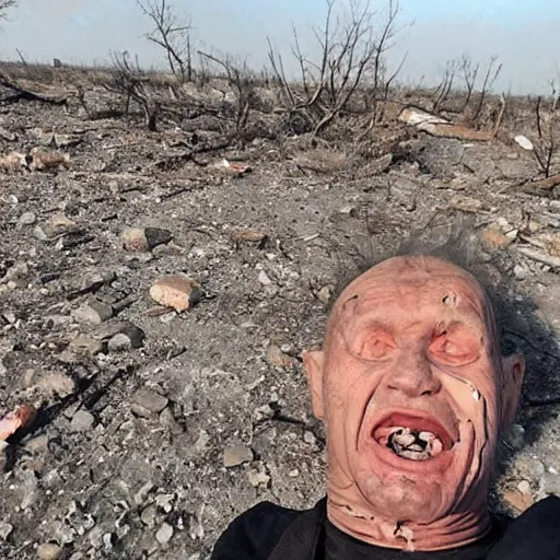 Image similar to last selfie of last alive ukrainian very damaged body to bones running from nuclear explosion, dead bodies everywhere, 2 0 2 2