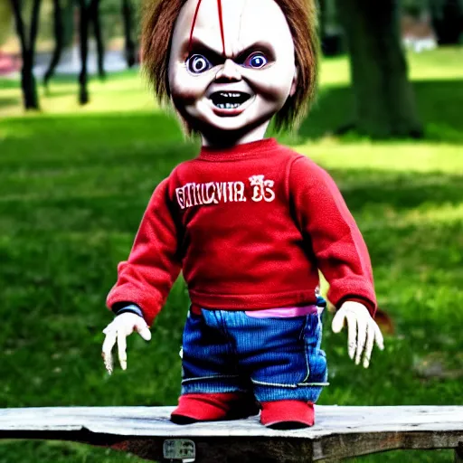 Prompt: chucky the killer doll standing on a park bench