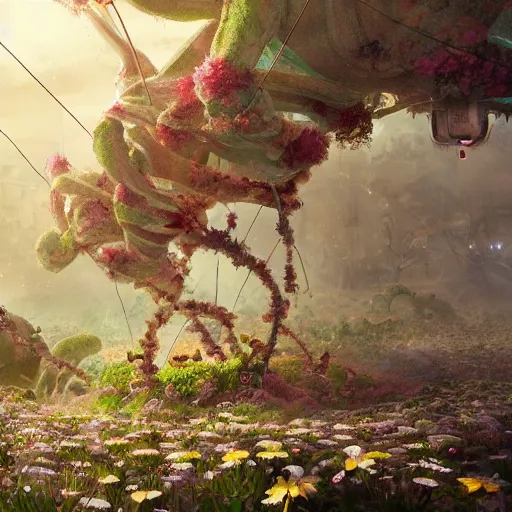 Image similar to intricate bio - organs intertwined with bio - robotic flowers, intricate environment, matte painting, cinematic, epic composition, highly detailed, atmospheric, wide angle, artstation trending