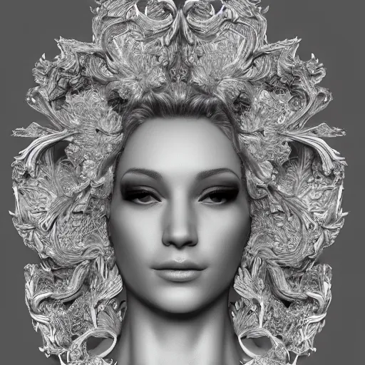 Image similar to beatifull frontal face portrait of a woman, 150 mm, anatomical, flesh, flowers, mandelbrot fractal, facial muscles, veins, arteries, symmetric, intricate, golden ratio, full frame, microscopic, elegant, highly detailed, ornate, ornament, sculpture, elegant , luxury, beautifully lit, ray trace, octane render in the style of peter Gric , alex grey and Romero Ressendi