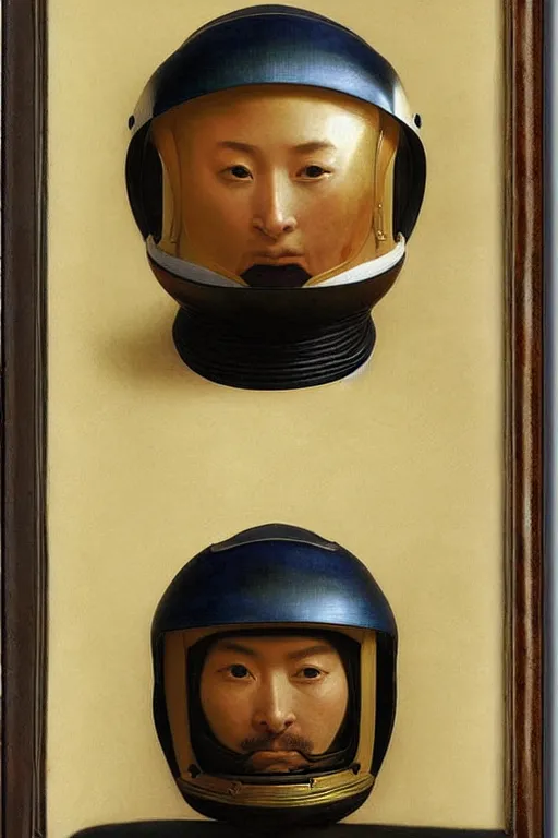 Image similar to portrait of a astronaut in samurai helmets, by bouguereau