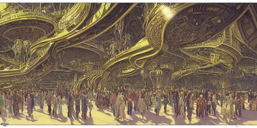 Prompt: the interior of a scifi space station with ornate elven architecture bustling with people by jean giraud moebius, crystalline, emerald, highly detailed matte illustration by moebius, clean lines, sharp focus, intricate, elegant