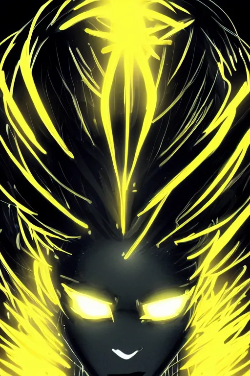 Image similar to glowing black male anime character, golden hair, yellow eyes, symmetrical, highly detailed, digital art, sharp focus, trending on art station, crazy hair, electricity superpowers, anime art style