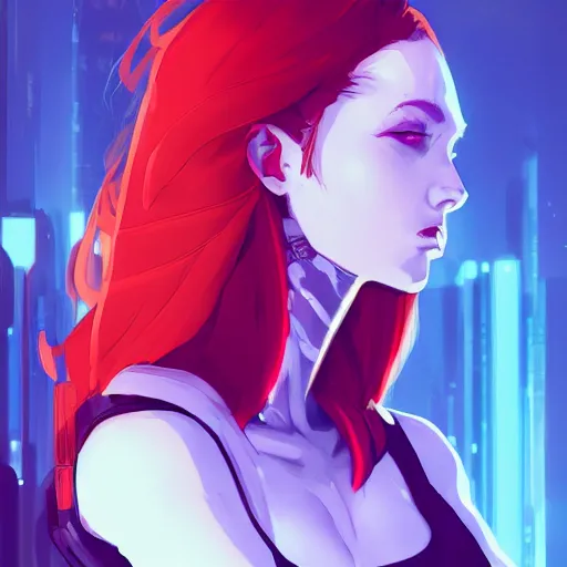 Prompt: a portrait of a cyberpunk girl with vibrant red hair, in the style of artgerm, charlies bowater, atey ghailan and mike mignola, hatd shadows and spotlight, plain background, comic cover art, trending on artstation