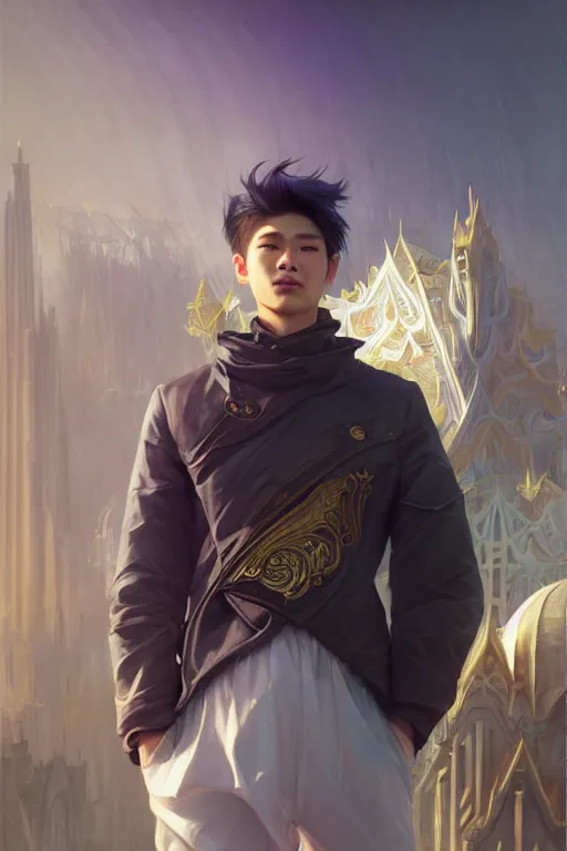 Image similar to portrait of a man with modern hairs, soft smile, final fantasy, league of legends champion, strong iridescent light, by chengwei pan and sakimichan and greg rutkowski and alphonse mucha, gradient white to gold, in front of a magical building background, highly detailed portrait, digital painting, smooth, focus illustration