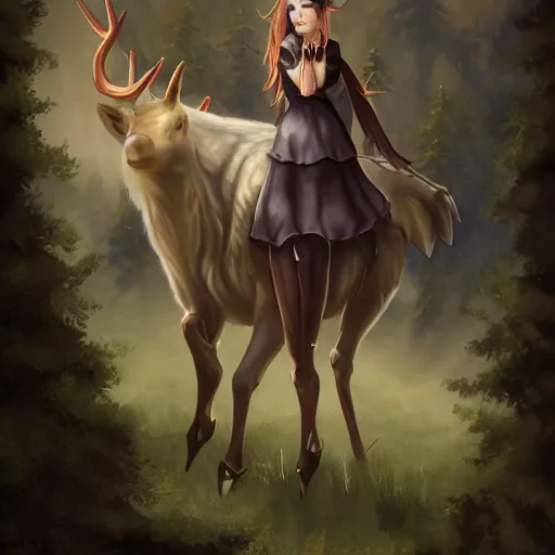 Prompt: girl in a dress riding a giant elk, trending on art station