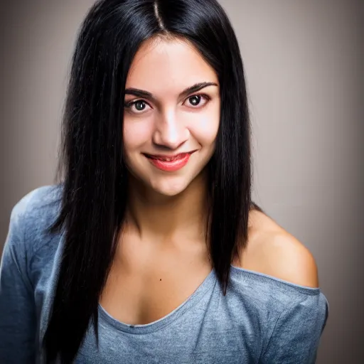 Image similar to young woman with shoulder - length messy black hair, slightly smiling, 1 3 5 mm nikon portrait