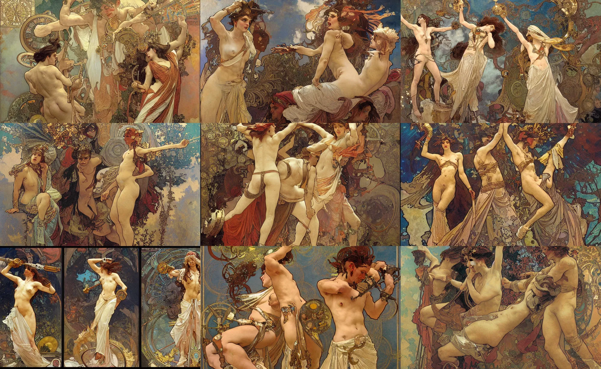 Prompt: antique fresco of the fight between spax, the god of screws and goddess guiot, the goddess of fertility, by greg rutkowski, by alphonse mucha