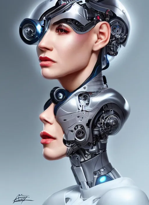 Image similar to portrait of a cyborg woman who turns her head to the ((((((right))))) left+130 (((((up))))) (((((down))))) by Artgerm,eyes closed , biomechanical, hyper detailled, trending on artstation