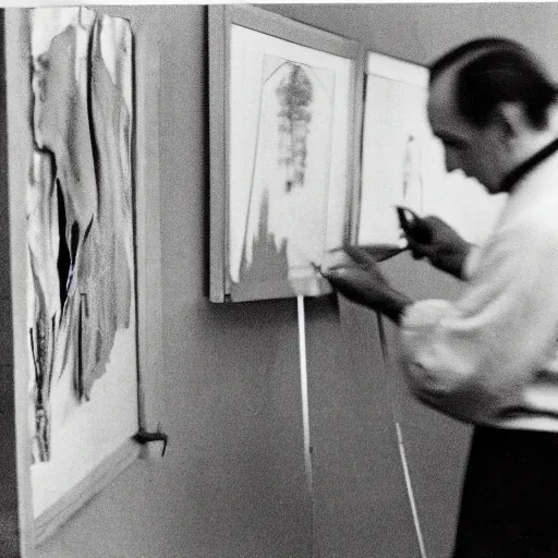 Image similar to a long exposure shot of Marcel Duchamp working on a readymade object, archival pigment print