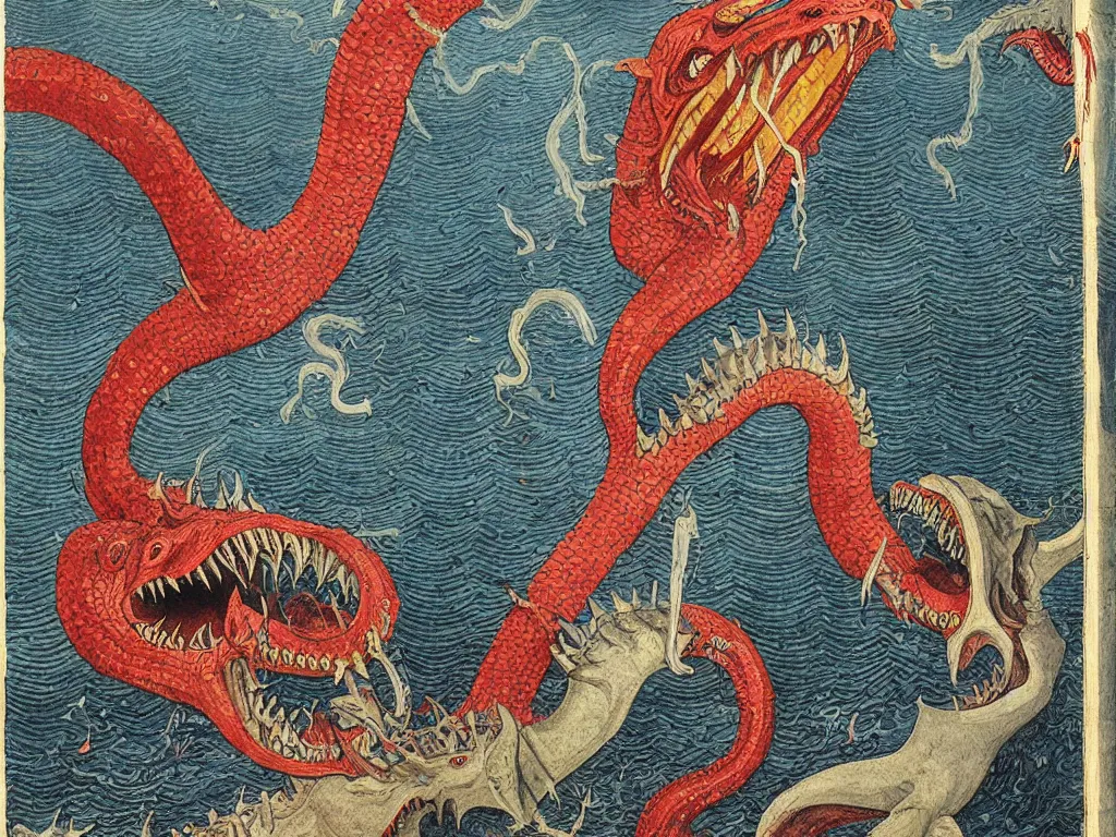 Image similar to close up of the giant open mouth of leviathan devil demon, with row of teeth, flames, snakes, people inside. painting by limbourg brothers, walton ford