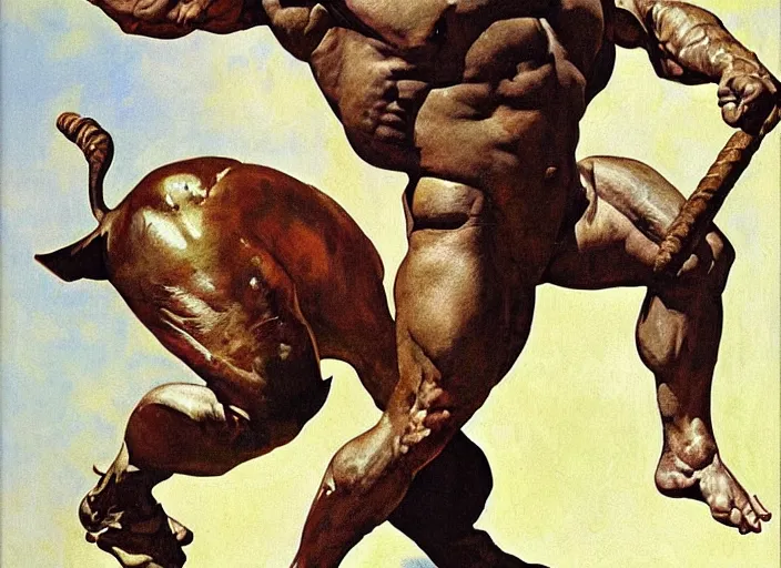 Prompt: full body portrait of dorian yates as the greek minotaur, dynamic action, by norman rockwell and jesper ejsing and tom lovell and frank schoonover