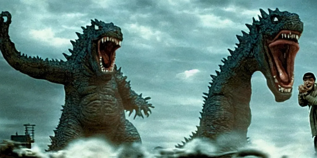 Image similar to a still from a movie, godzilla with human teeth being an idiot and laughing at a joke, real, weird, strange, funny