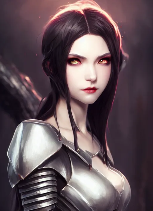 Prompt: full plate armor!!! beautiful and elegant dark hair female vampire!! gorgeous ayes!! character concept art, sharp focus, octane render! unreal engine 5! highly rendered!! trending on artstation!! detailed linework!! illustration by artgerm, wlop, and chie yoshii