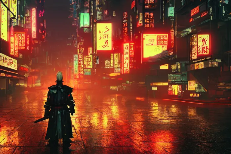 Prompt: Samurai with a sword stands infront of cyberpunk city, in theme of bladerunner movie, year 2077 raining, neon lights, night, realism. Beautiful lighting, highly detailed digital art, trending on artstation.