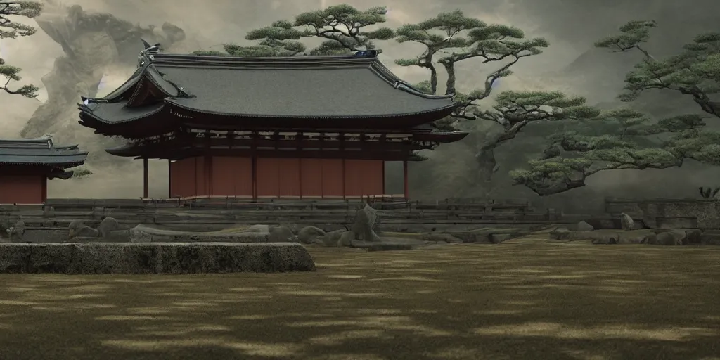 Image similar to a film still of a japanese samurai temple in a japanese blockbuster film, landscape, shallow depth of field, cinematic, award winning cgi, vfx, film still
