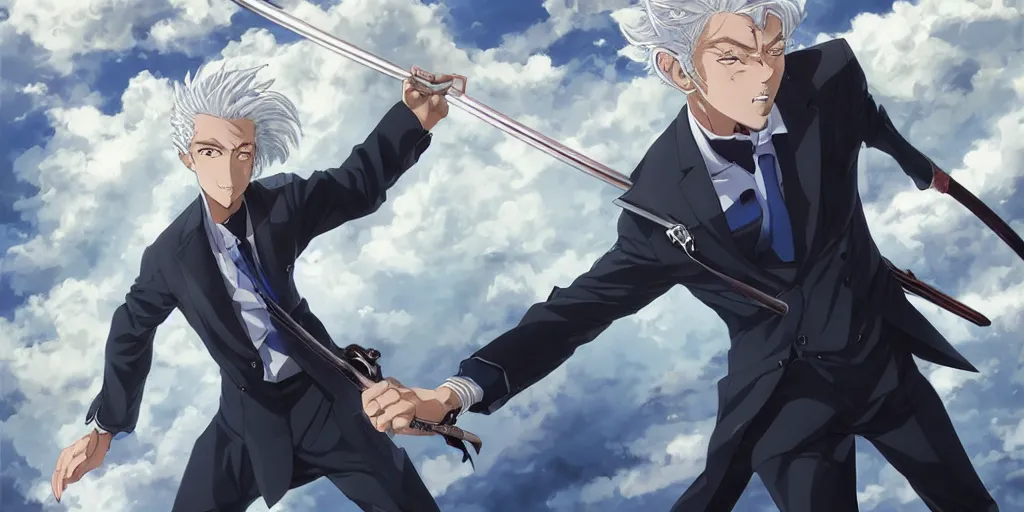 Prompt: semi realistic anime illustration of short slick backed white haired man, wearing dark blue suit, clutching katana, with beautiful hyperdetailed sky blue eyes, facing camera directly, full body shot, full face portrait made by Stanley Artgerm, WLOP, Rossdraws, James Jean Andrei Riabovitchev, Marc Simonetti, Yoshitaka Amano, Artstation