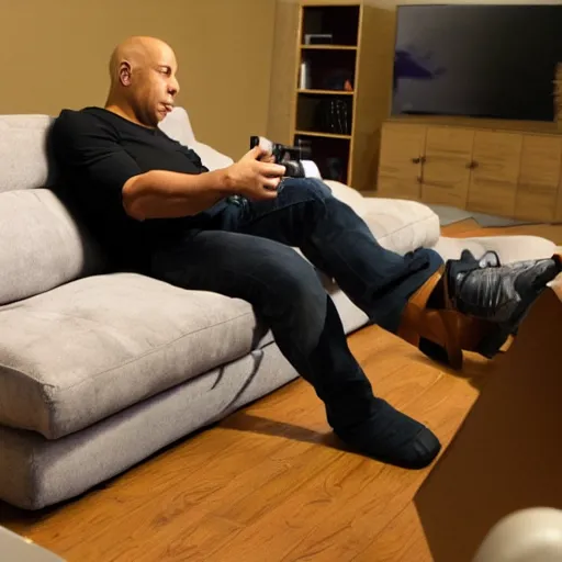 Image similar to Vin Diesel playing video games on a couch