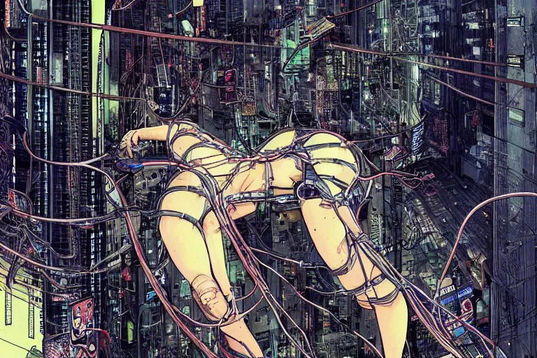 Prompt: an intricate, awe inspiring cyberpunk illustration of a female android body lying open on a labor floor, wires and cables coming out, by masamune shirow and katsuhiro otomo ((colorful)) (((super coherent)))