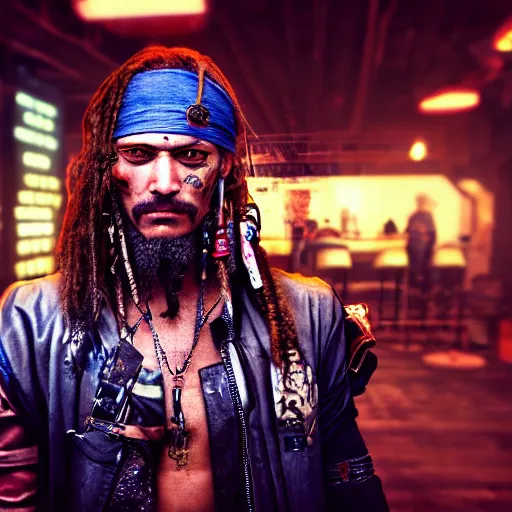 Image similar to a high quality portrait of a gritty pirate in a cyberpunk cyberpunk cyberpunk cafe, realism, 8k, award winning photo