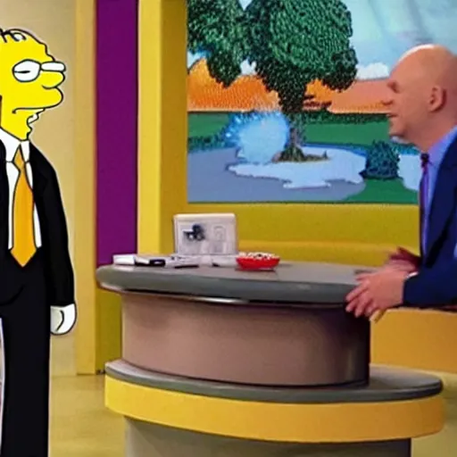 Prompt: a still of a public acess tv show of a man poorly dressed like homer simpson