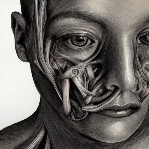 Prompt: anatomical study of human face, symmetrical, detail rendering, smooth shading, deep contrasts, traditional art