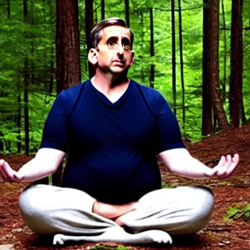 Image similar to chubby Steve Carell meditate in the Forest