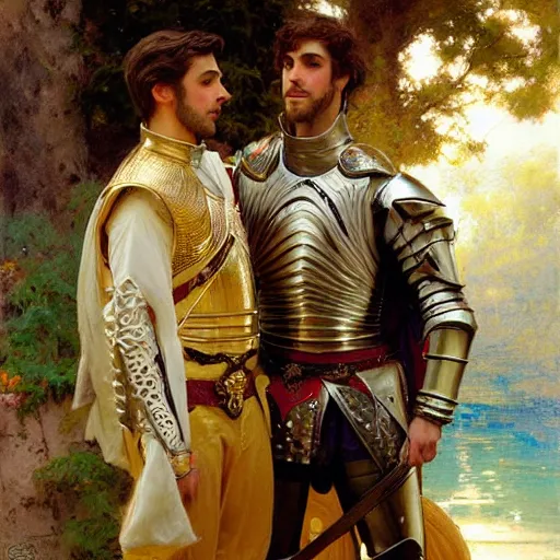 Image similar to attractive male prince fully clothed confesses his love for his attractive male knight fully clothed. highly detailed painting by gaston bussiere, craig mullins, j. c. leyendecker 8 k