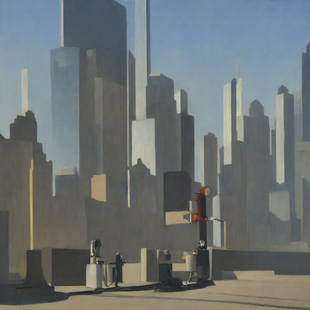 Image similar to a painting of a tin can robot posing for instagram in front of the World Trade Center by Edward Hopper