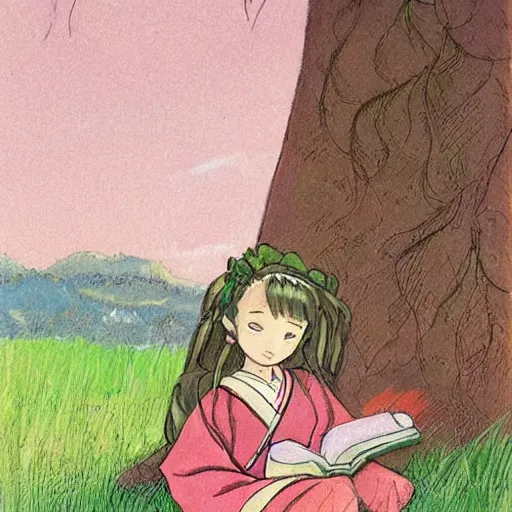 Image similar to little girl with long curly red hair dressed in a pink kimono and sitting next to a tree while reading a book, artwork made in western comic art style inspired in balthus and made in abyss, anatomically correct, higher details