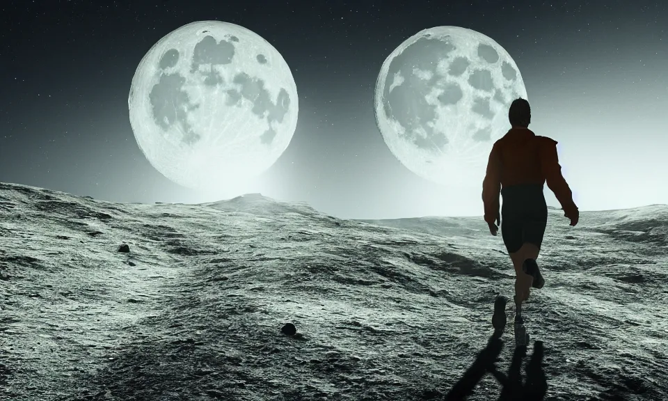 Image similar to a man running alone beneath the gaint moon toward the distant door,featured in artstation, cinematic, elegant, , 8k