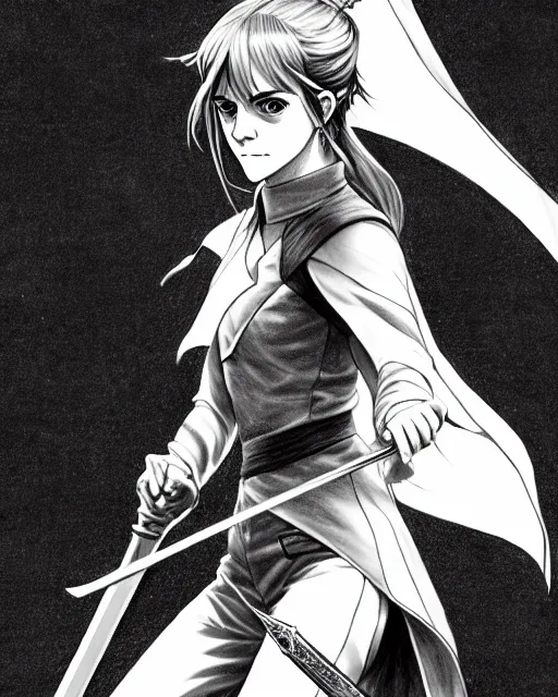 Prompt: a very detailed pencil drawing of emma watson in demon slayer manga panel, action lines, in field, back light, sword slash, high resolution, dynamic pose, landscape, full body, action, sword, hyper realistic, manga, koyoharu gotouge, sakuga