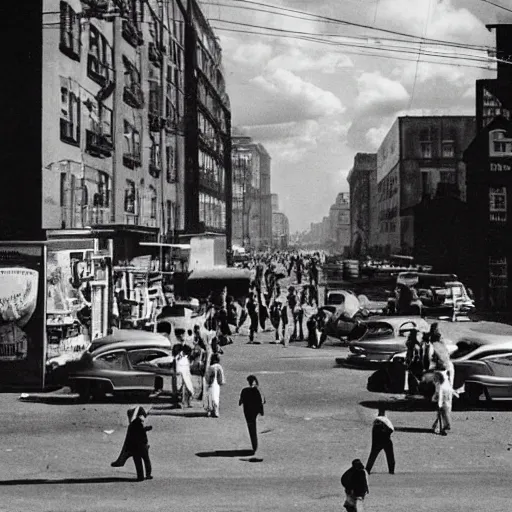 Prompt: a 1950s black and white photograph of a city street, people walking, aliens and monsters destroying buildings