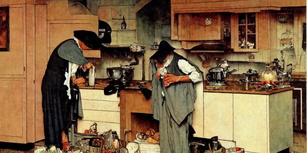 Image similar to grim reaper making coffee in a large kitchen, gorgeous painting, by norman rockwell, wholesome, holiday