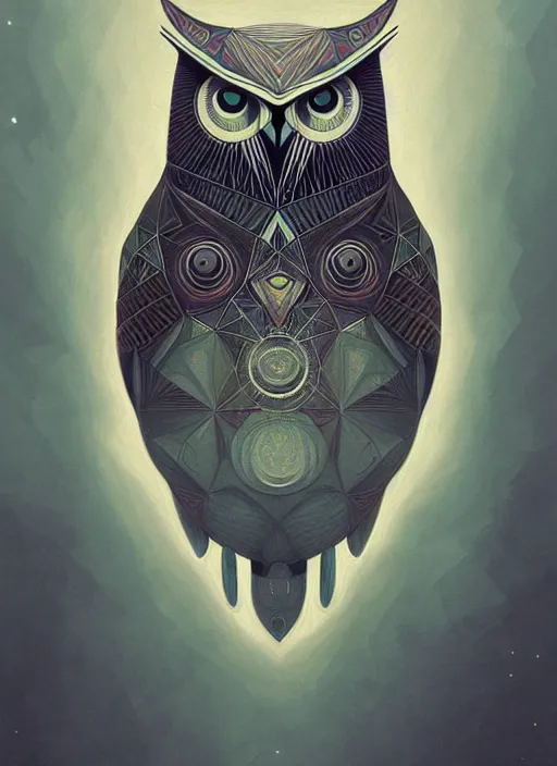 Image similar to portrait of a geometric owl, identical eyes, medium shot, illustration, full body made of white feathers, symmetrical, art stand, super detailed, cinematic lighting, and its detailed and intricate, gorgeous, by peter mohrbacher