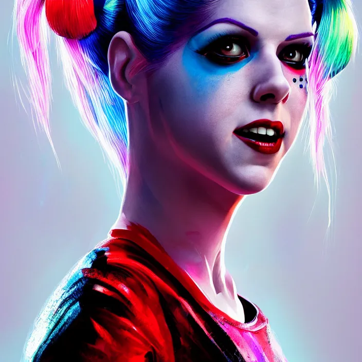 Image similar to portrait of Anna Kendrick as harley quinn. intricate abstract. intricate artwork. by Tooth Wu, wlop, beeple, dan mumford. octane render, trending on artstation, greg rutkowski very coherent symmetrical artwork. cinematic, hyper realism, high detail, octane render, 8k, iridescent accents