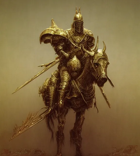 Image similar to royal knight in golden sun ornament armor, dismounted, beksinski, trending on artstation