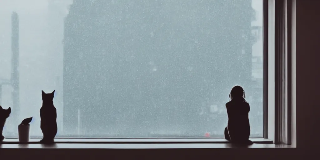 Image similar to silhouette of a girl and her cat, looking out a window on a rainy day, inside a cozy apartment, with a city view. atmospheric, moody, cozy, rainy day, backlit, multiple colors