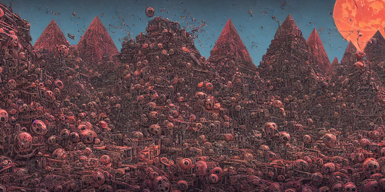 Prompt: hyper detailed comic illustration of a giant fleshy bio-mechanical machine pyramid covered in eyeballs, overlooking a dystopian wasteland, bright colors with red hues, lovecraftian