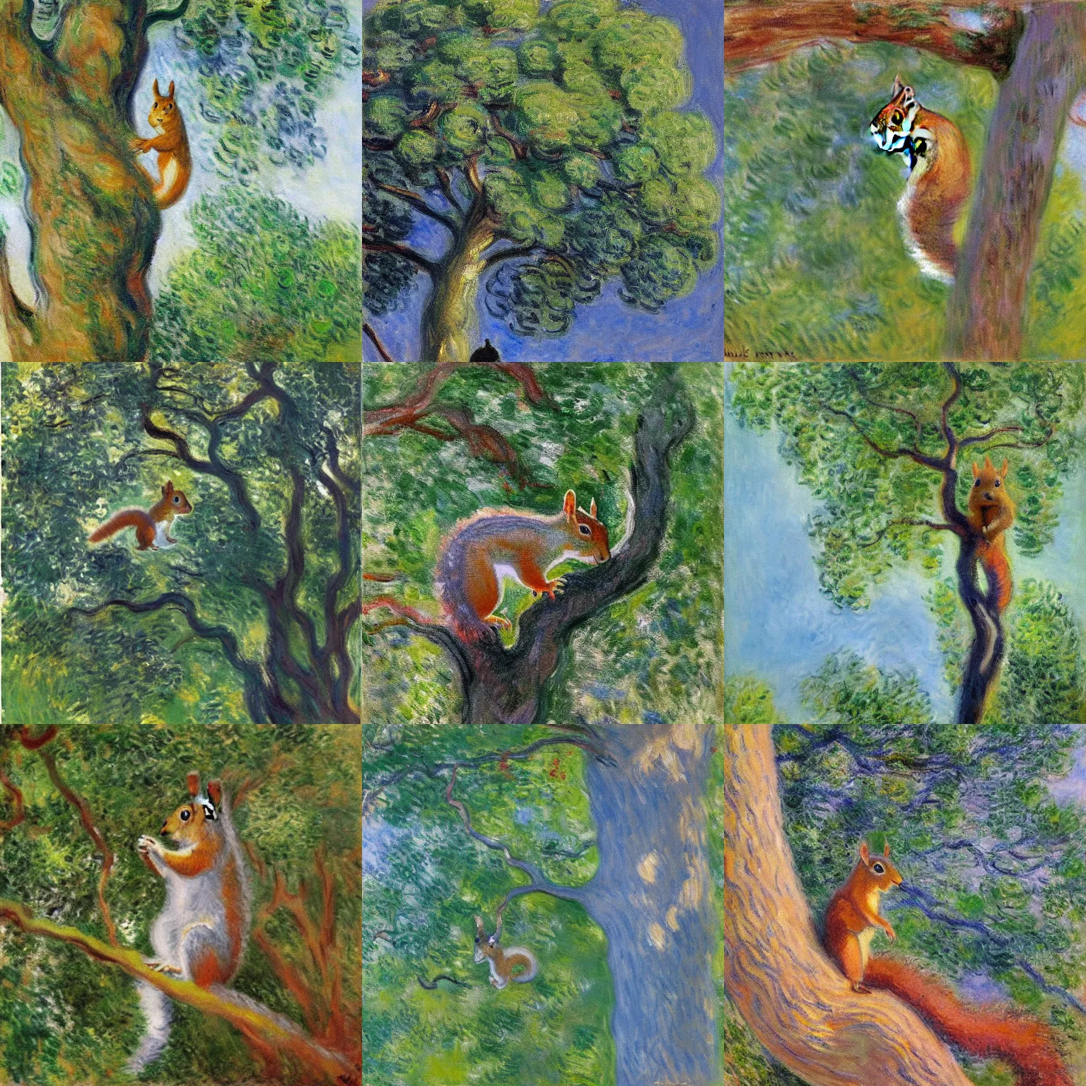 Prompt: a squirrel in an oak tree, oil painting by claude monet